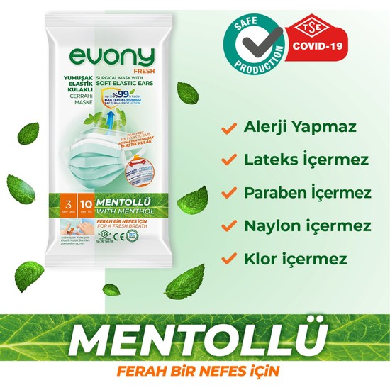 Evony Yumuşak Elastikli 10lu 3 Katlı Mentollü Meltblown Korumalı Maske
