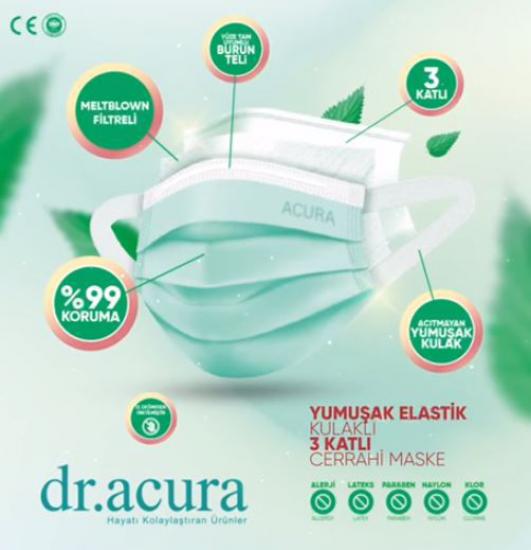 Dr.Acura 50li Yumuşak Elastikli 3 katlı Meltblown Cerrahi Maske