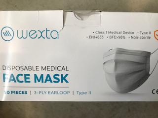 Wexta Lastik Halkalı 50li Telli 3 Katlı Tek Tek Poşetli Maske Meltblown Filtreli
